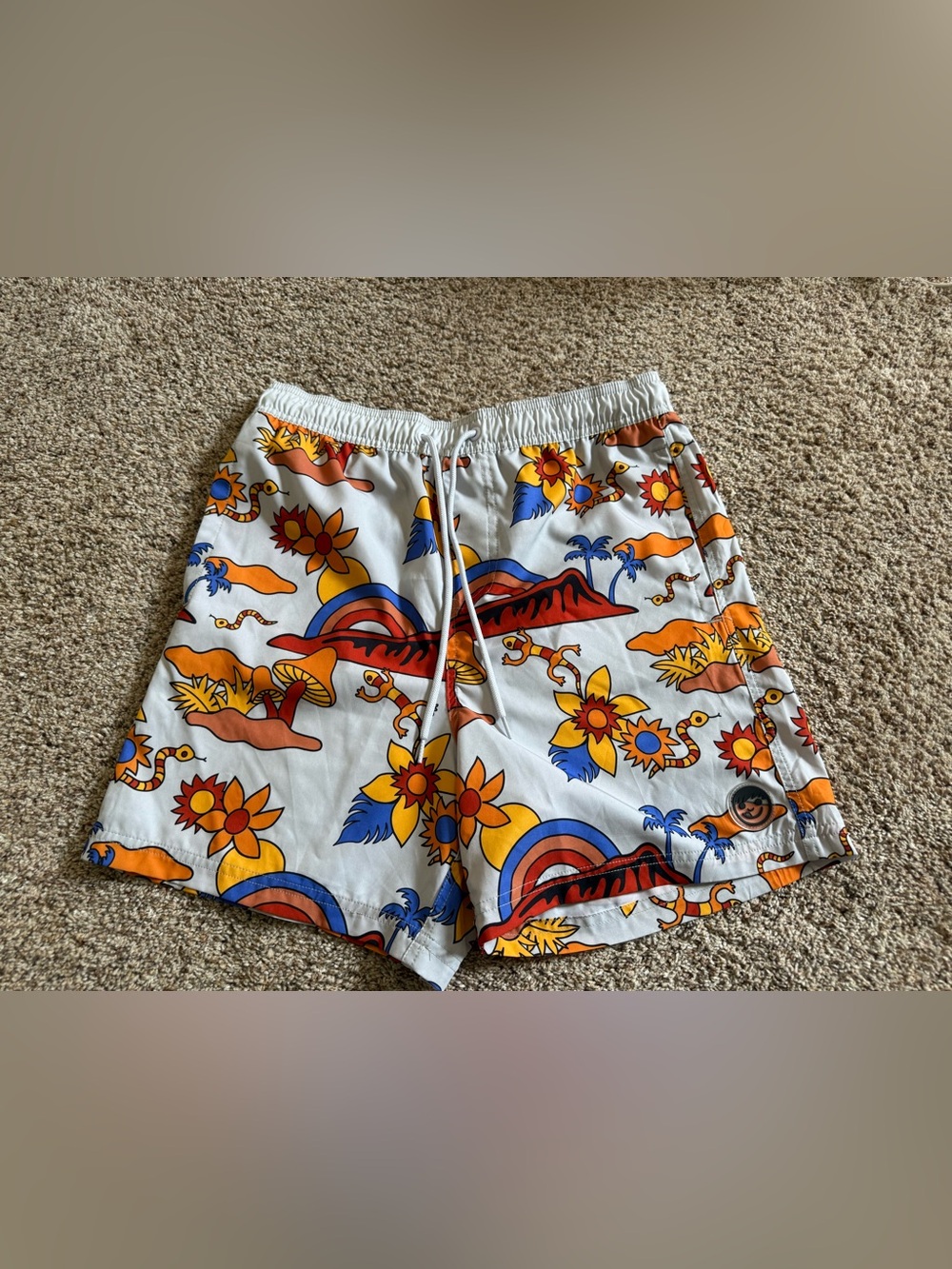 Neff White Swim Trunks with Yellow, Orange & Blue Floral Print